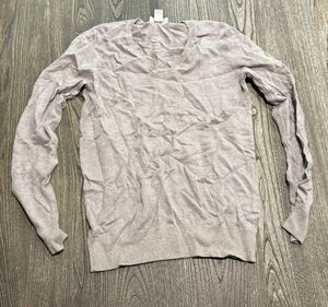 LOFT Womens Sweater V-Neck Metallic Trim Long Sleeve Pullover Gray Taupe Size S